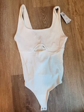 Abercrombie & Fitch White Ribbed Tank Bodysuit with Front Cutout